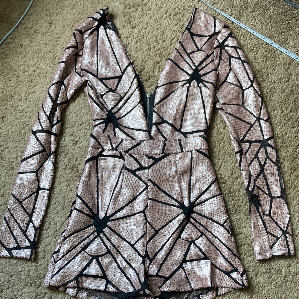Pink and Black Sequin Deep Plunge Romper— XS